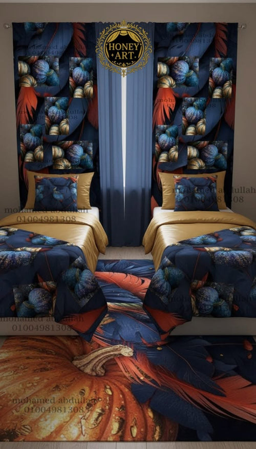 طقم ستارة وبديل سجاد — أزهار زرقاء وأوراق استوائية