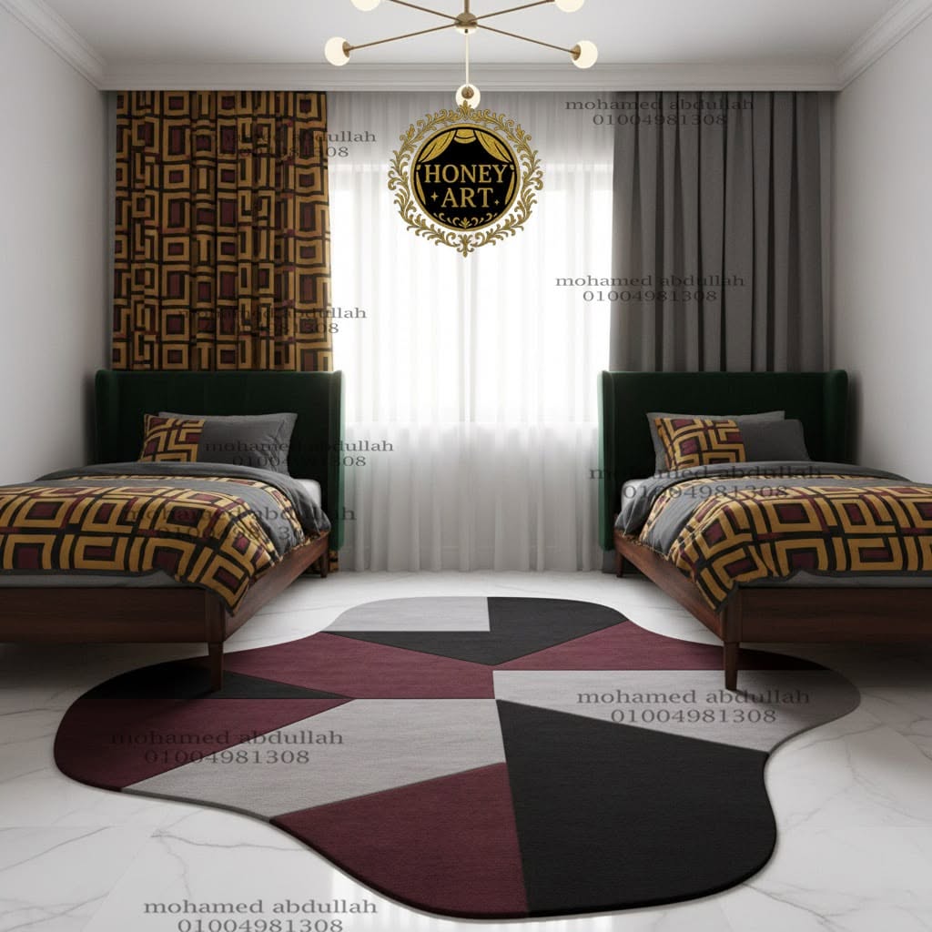 طقم ستارة وبديل سجاد — مونوجرام بني وهندسيات